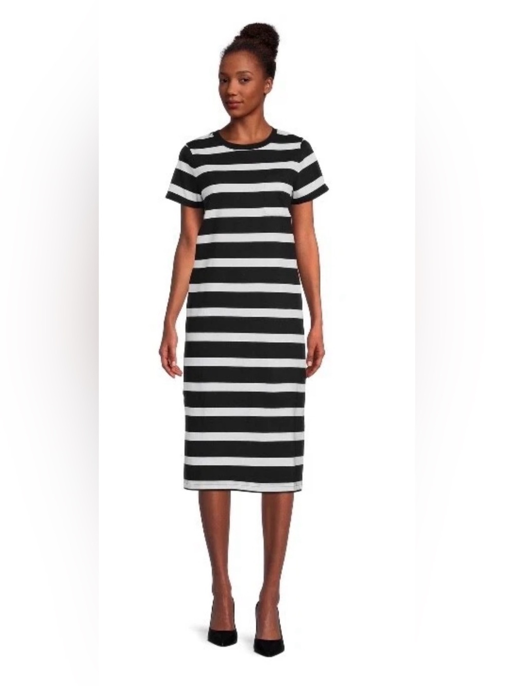 Time and Tru Women Size M Black/White Stripe Short Sleeve T-Shirt Midi Dress New